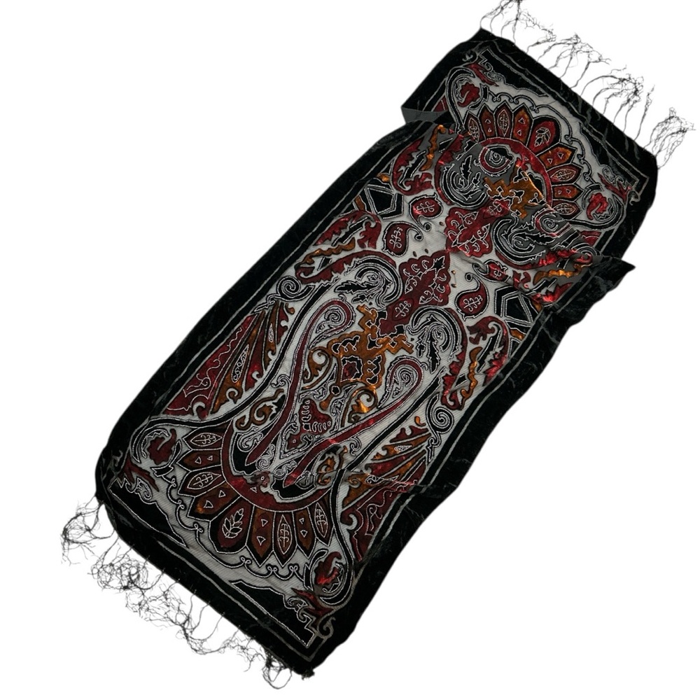 Excite Canada Velvet and Silk Burnout Fringed Scarf‎